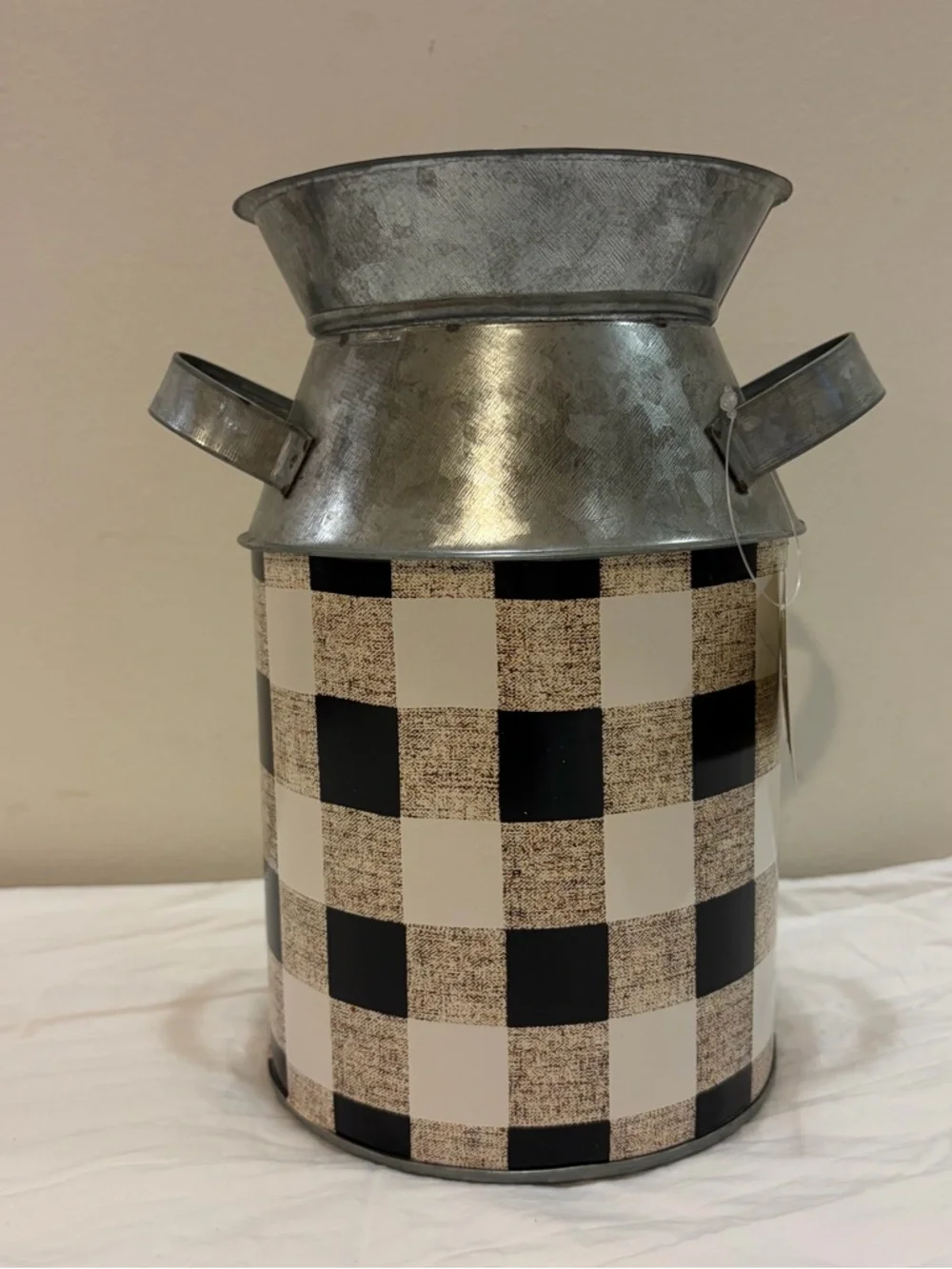 NWT CWI Collection Black and White Buffalo Check Metal Milk Can Vase
